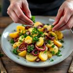 Polpo con patate impiattato con prezzemolo.