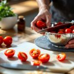 Pomodorini tagliati a metà su teglia unta.