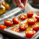 Zucchero e olio distribuiti sui pomodorini.