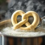 Pretzel bolliti con mestolo forato.