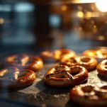 Pretzel che cuociono dorandosi in forno.
