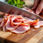 Striscioline di prosciutto cotto su tagliere.