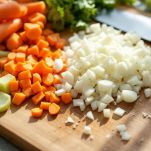 Verdure tritate che soffriggono in padella.