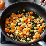 Verdure tritate che soffriggono in padella.