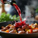 Carne sfumata con vino rosso in padella.