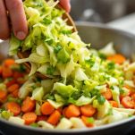 Verza, patate e zucchine in cottura in padella.