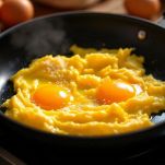 Uova strapazzate cotte in padella antiaderente.