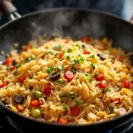 Riso cantonese saltato a fuoco medio nel wok.