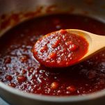 Salsa agrodolce densa dopo cottura a fuoco basso.