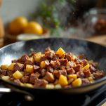 Agnello, patate e spezie che cuociono insieme in casseruola.