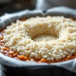 Stampo riempito con riso, ragù e mozzarella.