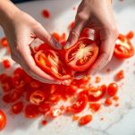 Pomodori puliti e ridotti in pezzi raccolti in terrina.