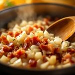 Pomodoro che cuoce con cipolla e grasso di prosciutto.