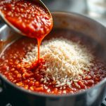 Riso cotto nella salsa aggiungendo brodo quando serve.