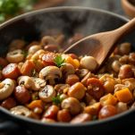 Rigaglie, funghi e salsiccia cotti nello strutto.