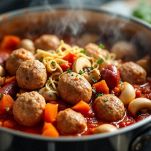 Ragù arricchito con polpettine e rigaglie.