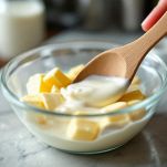 Burro mescolato con panna per creare una crema.
