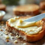 Crema al burro stesa sulle fette di pane caldo.