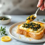 Caviale steso sul pane con crema di burro.