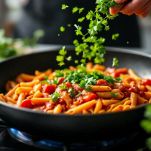 Prezzemolo tritato cosparso sulla pasta al pomodoro.