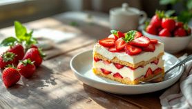 Fetta di tiramisù alle fragole con strati di crema e savoiardi.