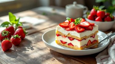 Fetta di tiramisù alle fragole con strati di crema e savoiardi.