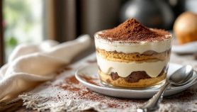 Tiramisù senza uova servito in coppetta con cacao in superficie.