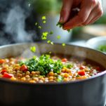 Zuppa di lenticchie calda servita con prezzemolo.