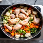 Pentola con verdure e ossa di pollo crude