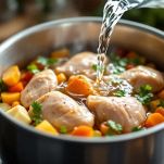 Pentola con acqua fredda, verdure e ossa