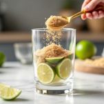 Spicchi di lime con zucchero in bicchiere basso.