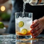 Vodka che viene versata su ghiaccio in bicchiere.