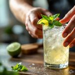 Bicchiere con cocktail guarnito da fetta di lime.