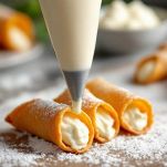Sac à poche che farcisce un cannolo.