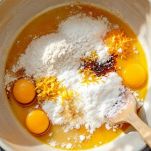 Ciotola con ingredienti per biscotti mescolati.