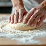 Mani che lavorano impasto su ciotola.