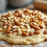 Mandorle distribuite in impasto per biscotti.