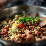 Carne macinata e salsiccia che rosolano in tegame.