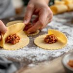 Mani che chiudono raviolo a mezzaluna.