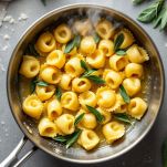 Casoncelli conditi con burro e salvia serviti in piatto.