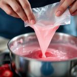 Gelatina sciolta incorporata nella crema di fragole.