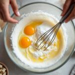 Uova, burro e zucchero montati in ciotola con fruste elettriche.