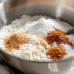 Ingredienti secchi mescolati in ciotola con cucchiaio di legno.