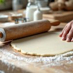 Mani che tagliano ciambelle da impasto steso con stampino.