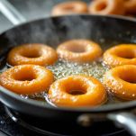 Ciambelle in frittura in padella con olio a 180 gradi.