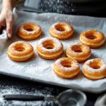 Donut dorati spolverati di zucchero a velo su piatto.
