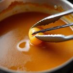 Composto al latte che si scurisce in pentolino con cucchiaio.