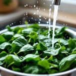 Spinaci lessati e scolati su colino da cucina.