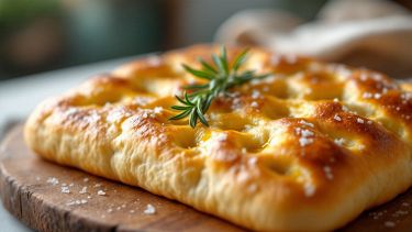 Focaccia genovese dorata tagliata a pezzi su tagliere.