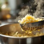 Patata passata con schiacciapatate su ciotola.